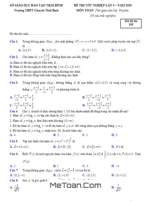 Đề thi tốt nghiệp lần 3 năm 2020 môn Toán trường THPT chuyên Thái Bình