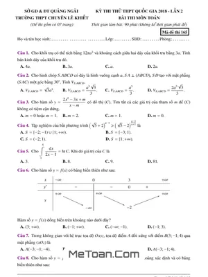 Đề Thi Thử Toán THPT Quốc Gia 2018 Trường THPT Chuyên Lê Khiết - Quảng Ngãi Lần 2 - Có Đáp Án