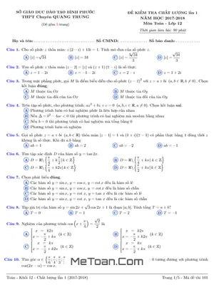 Đề thi thử THPT Quốc gia 2018 môn Toán trường THPT chuyên Quang Trung - Bình Phước lần 1