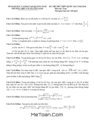 Đề thi thử THPT Quốc gia môn Toán năm 2016 trường THPT Võ Nguyên Giáp - Quảng Ngãi