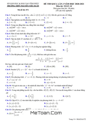 Đề KSCL Lần 3 Toán 10 Năm 2020 - 2021 Trường THPT Nguyễn Viết Xuân - Vĩnh Phúc