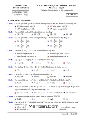 Đề thi giữa HK1 Toán 10 năm 2020 - 2021 trường THPT Huỳnh Ngọc Huệ - Quảng Nam