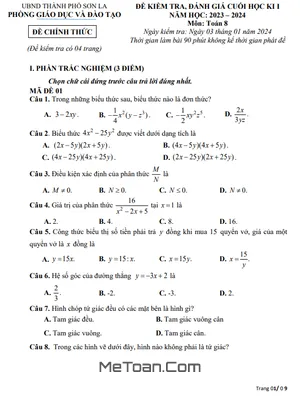 Đề thi học kì 1 Toán 8 năm 2023 - 2024 phòng GD&ĐT thành phố Sơn La