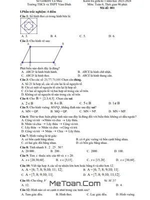 Đề thi giữa kì 1 Toán 6 năm 2023 - 2024 trường THCS&THPT Vàm Đình - Cà Mau