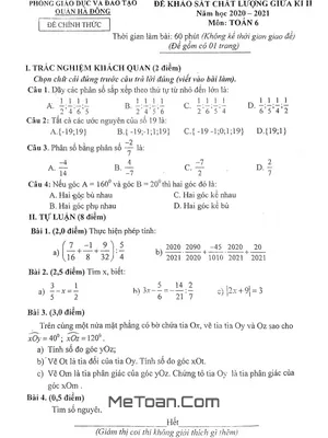 Đề thi giữa kì 2 Toán lớp 6 năm 2020 - 2021 phòng GD&ĐT Hà Đông - Hà Nội