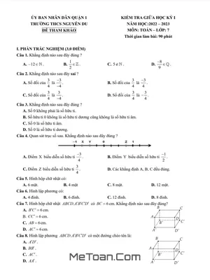 Đề tham khảo giữa kỳ 1 Toán 7 năm 2022 – 2023 trường THCS Nguyễn Du – TP HCM