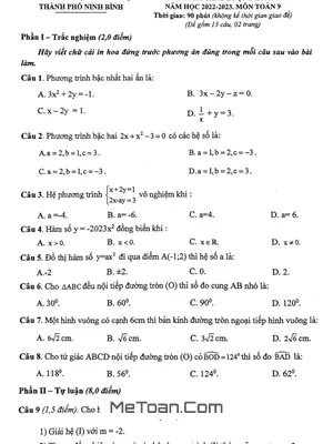 Đề Thi Giữa Kì 2 Toán 9 Năm 2022 - 2023 Phòng GD&ĐT Thành Phố Ninh Bình