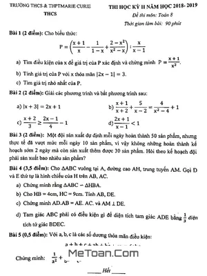 Đề thi học kỳ 2 Toán 8 năm 2018 - 2019 trường Marie Curie – Hà Nội