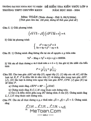 Đề kiểm tra Toán 9 (chung) đợt 2 năm 2023 - 2024 trường chuyên KHTN - Hà Nội