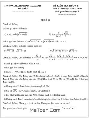 Đề kiểm tra Toán 9 tháng 9 năm 2019 - 2020 trường Archimedes Academy - Hà Nội