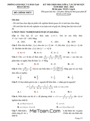 Đề thi HSG Toán 8 cấp huyện năm 2022 - 2023 phòng GD&ĐT Đoan Hùng - Phú Thọ