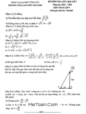 Đề Thi Giữa Kỳ 1 Toán 9 Năm 2023 - 2024 Trường THCS Nguyễn Văn Linh - BRVT