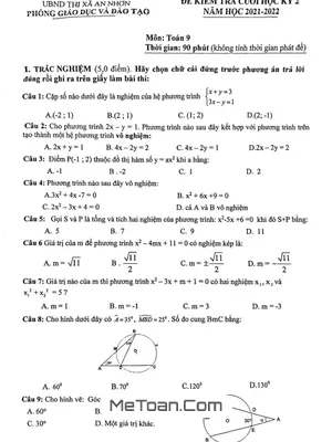 Đề thi học kì 2 môn Toán lớp 9 năm 2021 - 2022 phòng GD&ĐT An Nhơn, Bình Định