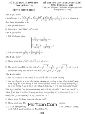 Đề thi Tuyển sinh Lớp 10 Chuyên Toán Quảng Trị Năm 2024 - 2025
