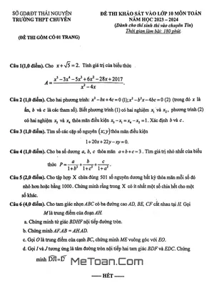 Đề khảo sát Toán (Tin) vào lớp 10 năm 2023 – 2024 trường THPT chuyên Thái Nguyên