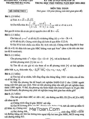 Đề thi tuyển sinh lớp 10 môn Toán Đà Nẵng năm 2021 - 2022