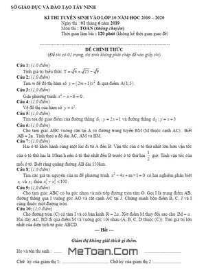 Đề thi tuyển sinh lớp 10 môn Toán Tây Ninh năm 2019 - 2020 - Mới nhất