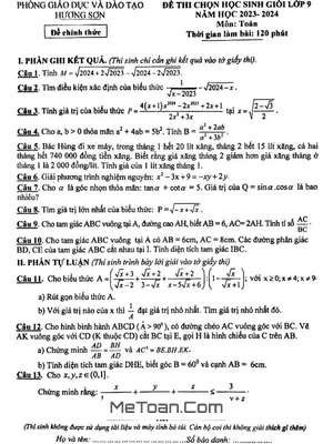 Đề thi HSG Toán 9 năm 2023 - 2024 phòng GD&ĐT Hương Sơn, Hà Tĩnh