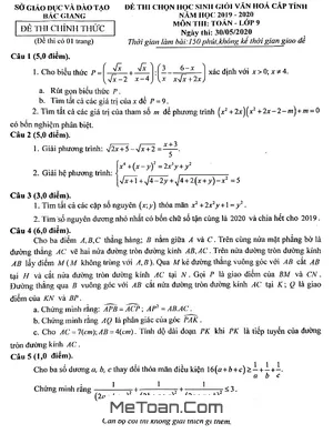 Đề thi chọn học sinh giỏi Toán 9 năm học 2019 - 2020 sở GD&ĐT Bắc Giang