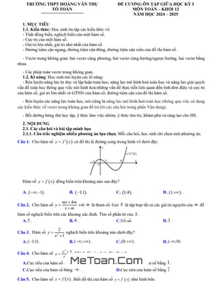 Đề cương giữa kỳ 1 Toán 12 năm 2024 - 2025 trường THPT Hoàng Văn Thụ - Hà Nội