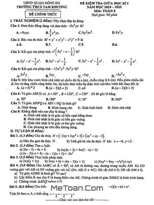 Đề Thi Giữa Kì 1 Toán 8 Năm 2024 - 2025 Trường THCS Tam Khương - Hà Nội