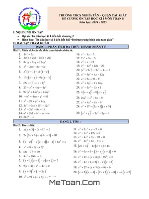 Đề Cương Ôn Tập Học Kì 1 Toán 8 Năm 2024 - 2025 Trường THCS Nghĩa Tân - Hà Nội