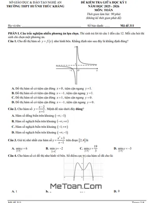 Đề Thi Giữa Kỳ 1 Toán 12 Năm Học 2025-2026 THPT Huỳnh Thúc Kháng, Nghệ An (Có Đáp Án)