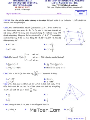 Đề Thi Chọn Học Sinh Giỏi Môn Toán 11 Năm Học 2025-2026 Liên Trường THPT – Nghệ An