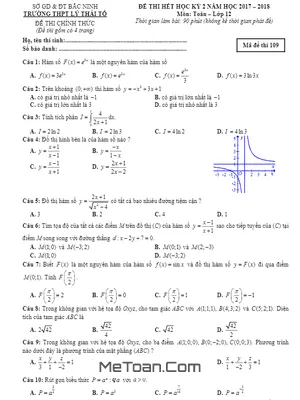 Đề thi hết học kỳ 2 môn Toán lớp 12 năm 2017 - 2018 trường THPT Lý Thái Tổ - Bắc Ninh