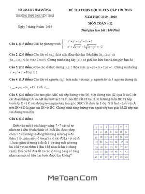 Đề chọn HSG Toán 12 cấp trường năm 2019 – 2020 THPT chuyên Nguyễn Trãi – Hải Dương