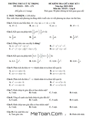 Đề Thi Giữa Kì 1 Toán 8 Năm 2023 - 2024 Trường THCS Lý Tự Trọng - Phú Yên