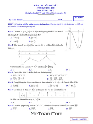Đề kiểm tra giữa học kỳ 1 Toán 12 năm 2024 - 2025 sở GD&ĐT Bắc Ninh