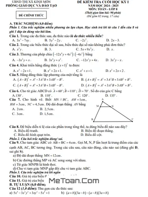 Đề Thi Cuối Kỳ 1 Toán 8 Năm 2024-2025 Phòng GD&ĐT Kinh Môn, Hải Dương [Kèm Đáp Án Chi Tiết]