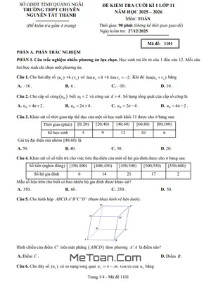 Đề cuối kì 1 Toán 11 năm 2025 – 2026 trường chuyên Nguyễn Tất Thành – Quảng Ngãi