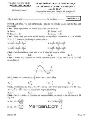 Đề thi thử Tốt nghiệp THPT 2026 môn Toán lần 1 – Trường Chuyên Đại học Vinh, Nghệ An