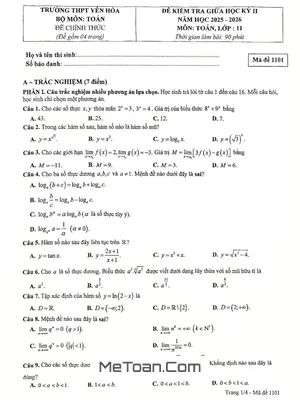 Đề giữa học kỳ 2 Toán 11 năm 2025 – 2026 trường THPT Yên Hòa – Hà Nội