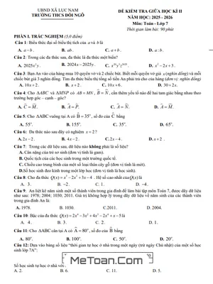 Đề Thi Giữa Học Kỳ 2 Toán 7 Năm Học 2025-2026 Trường THCS Đồi Ngô, Bắc Ninh – Có Đáp Án Chi Tiết