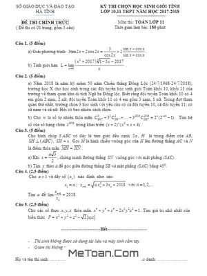 Đề thi chọn HSG tỉnh Toán 11 năm học 2017 - 2018 sở GD&ĐT Hà Tĩnh