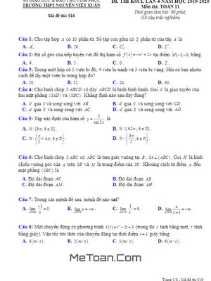 Đề KSCL Toán 11 Lần 4 Năm 2019 - 2020 Trường THPT Nguyễn Viết Xuân - Vĩnh Phúc