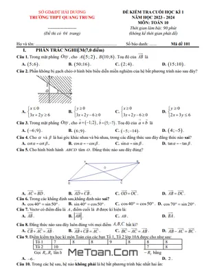 Đề Thi Cuối Kì 1 Toán 10 Năm 2023 - 2024 Trường THPT Quang Trung - Hải Dương