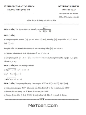 Đề thi học kì 1 Toán 10 năm 2019 - 2020 trường THPT Quốc Trí - TP.HCM (có đáp án)