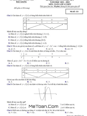 Đề thi Toán 12 cuối kì 1 năm 2021 - 2022 sở GD&ĐT Bắc Giang (có đáp án)