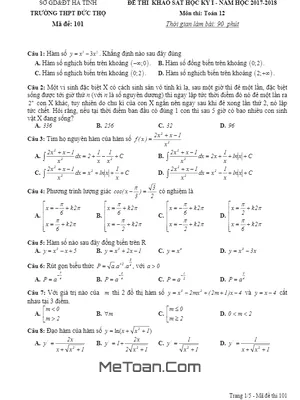 Đề thi khảo sát HK1 Toán 12 năm học 2017 - 2018 trường THPT Đức Thọ - Hà Tĩnh (có đáp án)