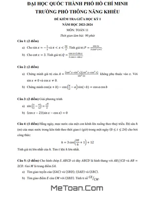 Đề Thi Giữa Kì 1 Toán 11 Năm 2023 - 2024 Trường Phổ Thông Năng Khiếu - TP.HCM