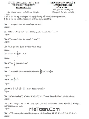 Đề Tham Khảo Giữa Kỳ 2 Toán 12 Năm 2023 - 2024 Trường THPT Nghi Xuân - Hà Tĩnh