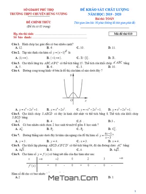 Đề khảo sát Toán 12 năm 2019 - 2020 trường chuyên Hùng Vương - Phú Thọ