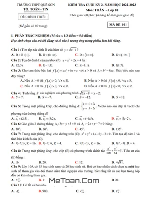 Đề thi học kì 2 Toán 10 năm 2022 - 2023 trường THPT Quế Sơn - Quảng Nam (có lời giải)