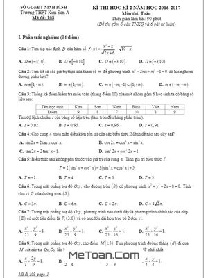 Đề thi HK2 Toán 10 năm 2016 - 2017 trường THPT Kim Sơn A - Ninh Bình (Có đáp án)