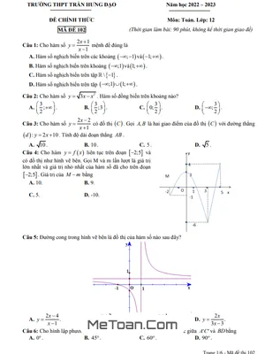 Đề Thi Giữa Kỳ 1 Toán 12 Năm 2022 - 2023 Trường THPT Trần Hưng Đạo - Nam Định