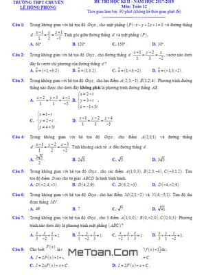 Đề thi HK2 Toán 12 năm 2017 - 2018 trường chuyên Lê Hồng Phong - TP. HCM